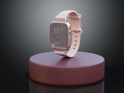 Stylish Modern Watch With Pink Strap And Square Dial Showing Time On Round Base 3d model