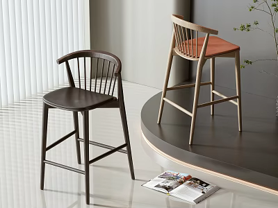 Modern Interior With Dark And Light Wood Bar Stools Curved Slat Backs And Orange Seat 3d model