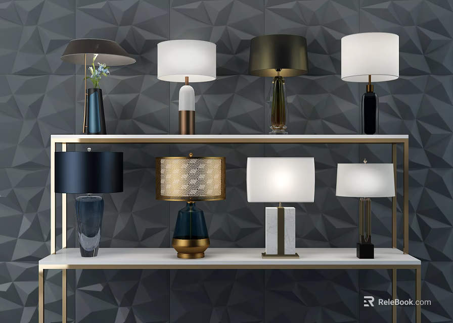 Various Design Table Lamps Arranged On Two Tiered Shelves Against Geometric Wall 3d model 