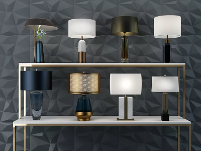 Various Design Table Lamps Arranged On Two Tiered Shelves Against Geometric Wall 3d model