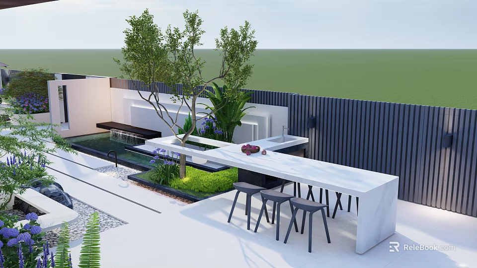 Modern Garden Landscape With White Bar Counter Black Stools And Green Plants 3d model 