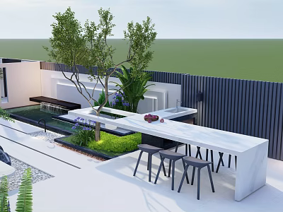 Modern Garden Landscape With White Bar Counter Black Stools And Green Plants 3d model