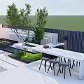 Modern Garden Landscape With White Bar Counter Black Stools And Green Plants