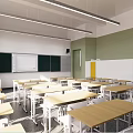 School Classroom Interior with Desks Chairs Blackboard Whiteboard Green Walls Windows and Bright Lighting