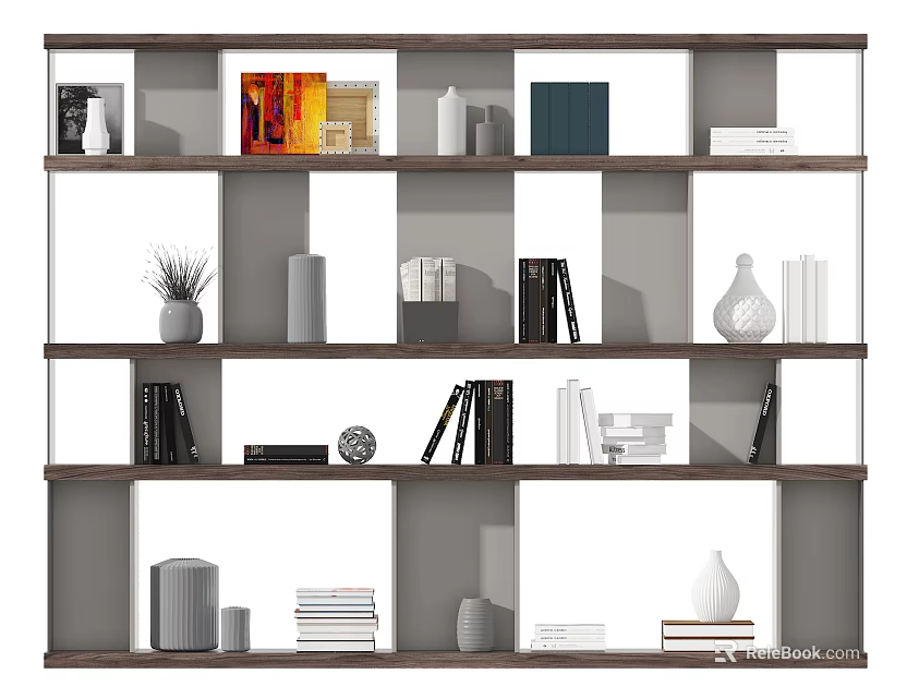 Multi Tiered Open Shelving Unit With Books Vases And Decorative Items 3d model