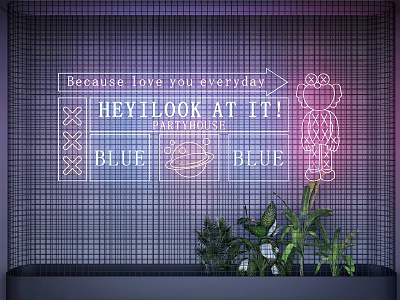 Blue Neon Decorative Lights with Text and Cartoon Design on Grid Wall with Green Plants 3d model