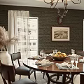 Classic Dining Table Set With Green Brick Wall Deer Head Decor Chandelier And Fruit