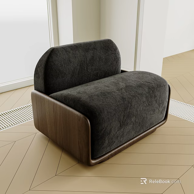 Modern Single Seater Sofa With Dark Gray Fabric Walnut Wooden Frame And Plush Cushions 3d model 