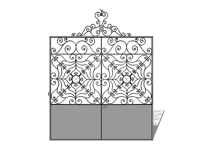 Wrought Iron Entry Gate With Ornate Scroll Patterns Double Door Decorative Top And Gray Base 3d model