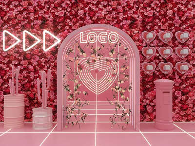 Pink Floral Wall Decor With Arch Logo Heart Shape Neon Arrows And Mailbox 3d model