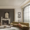 Elegant Classic French Living Room Interior With Ornate Marble Fireplace And Comfortable Velvet Sofas