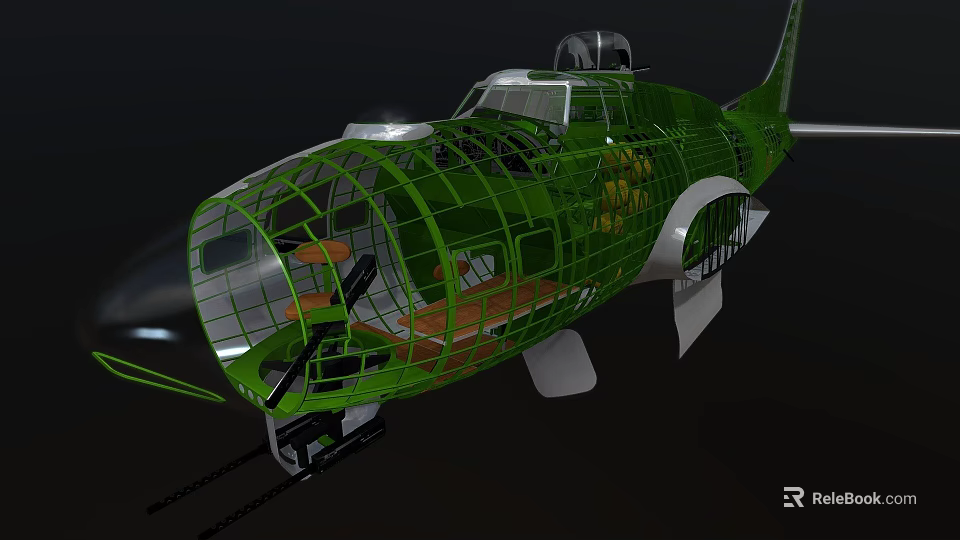 Green Fighter Jet 3D Model with Transparent Cockpit and Detailed Interior Structure on Dark Background 3d model 