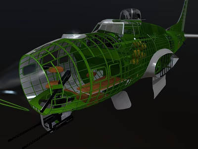 Green Fighter Jet 3D Model with Transparent Cockpit and Detailed Interior Structure on Dark Background 3d model