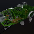Green Fighter Jet 3D Model with Transparent Cockpit and Detailed Interior Structure on Dark Background