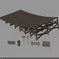 Outdoor Wooden Furniture Shelter With Wave Roof And Traffic Cones Barriers