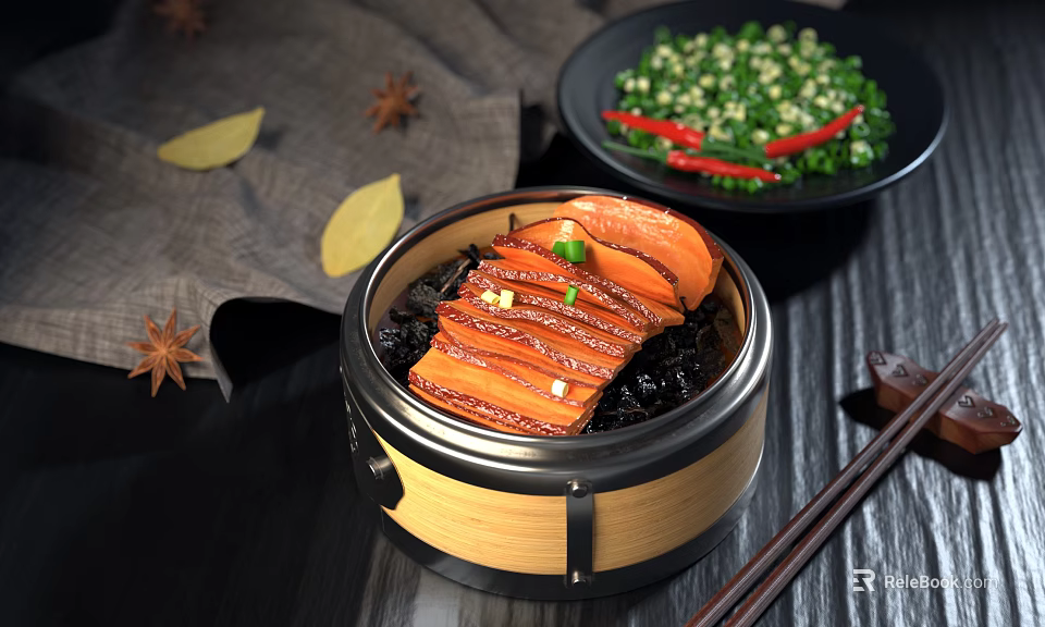Steamed Sliced Meat with Preserved Vegetables in Bamboo Steamer with Green Herbs Red Chili 3d model 