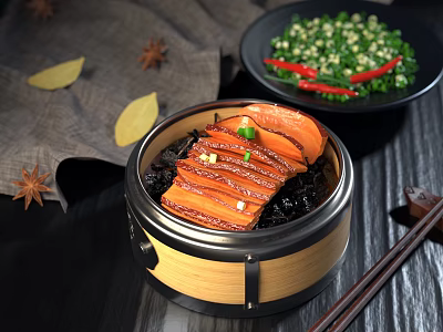 Steamed Sliced Meat with Preserved Vegetables in Bamboo Steamer with Green Herbs Red Chili 3d model