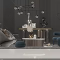 Elegant Modern Sofa Coffee Table Set With Gray Blue Seating Glass Chandelier And Decorative Plants