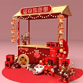 Chinese New Year Festive Stall With Red Decorations Lanterns Fortune Characters And Lion Dance Ornaments