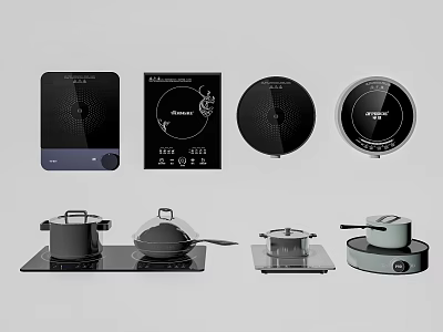Different Styles of Electric Ceramic Hobs and Cookware in Black and Silver Kitchen Appliances 3d model