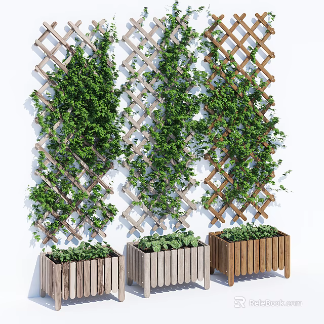 Lush Green Plant Wall with Wooden Lattice Hanging Vines and Wooden Planters for Interior Decor 3d model 