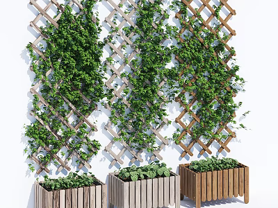 Lush Green Plant Wall with Wooden Lattice Hanging Vines and Wooden Planters for Interior Decor 3d model