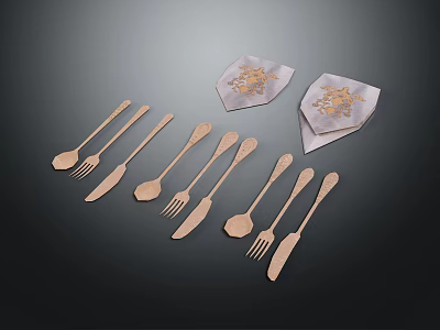 Elegant Wooden Tableware Set with Knives Forks Spoons and Decorative Patterned Napkins 3d model