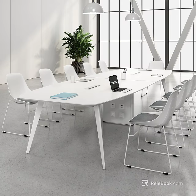Modern White Conference Table With Laptop Documents And White Chairs In Bright Office 3d model 