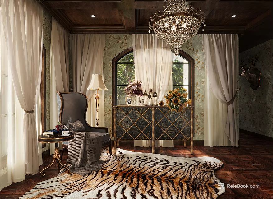 Elegant Entryway With Tiger Skin Rug Chandelier Armchair Curtains And Floor Lamp 3d model 