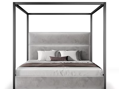 Modern Double Bed With Black Four Poster Frame And Gray Upholstered Headboard 3d model