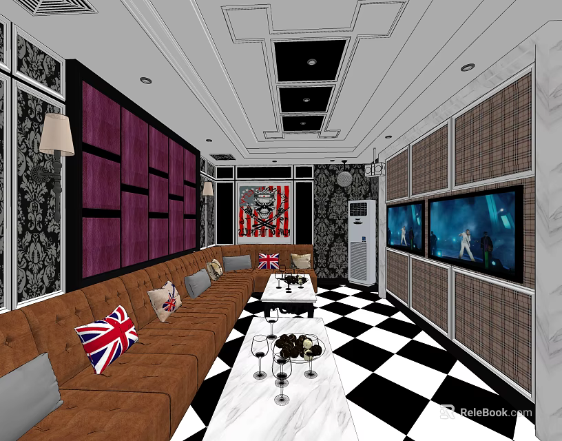KTV Interior Featuring Brown Sofas Union Jack Cushions Black White Checkered Floor TV Screens 3d model 