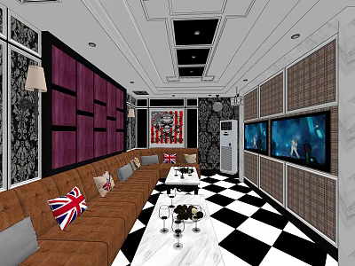 KTV Interior Featuring Brown Sofas Union Jack Cushions Black White Checkered Floor TV Screens 3d model