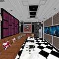 KTV Interior Featuring Brown Sofas Union Jack Cushions Black White Checkered Floor TV Screens