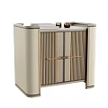 Modern Bedside Table with Vertical Slats Gold Handles Beige Wood Tones and Decor