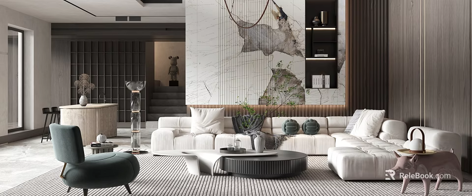 Modern Luxury Living Room With Plush White Sectional Sofa And Exquisite Marble Accent Wall Design 3d model 