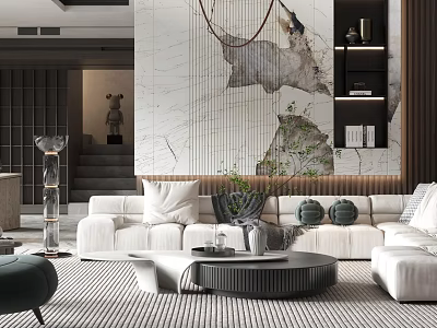 Modern Luxury Living Room With Plush White Sectional Sofa And Exquisite Marble Accent Wall Design 3d model