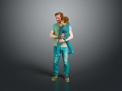 Man In Green Shirt Holding Child With Blue Pants Against Gray Background 3d model