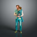 Man In Green Shirt Holding Child With Blue Pants Against Gray Background