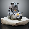 Adorable Snow Leopard Doll in Sitting Posture with Yellow Flower on Paw on Stone Base