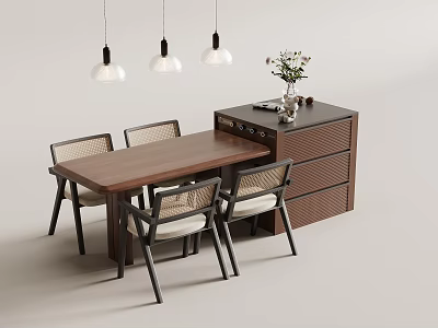 Modern Minimalist Dining Table Set With Wooden Table Fabric Chairs And Pendant Lights 3d model
