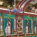 Ancient Architectural Hall Interior Featuring Vaulted Ceiling Painted Murals Chandeliers Green Walls And Long Tables