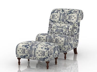 Traditional Blue and White Patterned Lounge Chair with Ottoman and Wooden Legs for Living Room 3d model