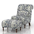 Traditional Blue and White Patterned Lounge Chair with Ottoman and Wooden Legs for Living Room