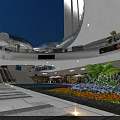 Modern Commercial Street With Multistory Buildings Shops Water Feature And Night Lighting
