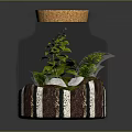 Decorative Ceramic Jar with Cork Lid Green Plants White Stones and Brown White Stripes