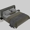 Modern Double Bed With Minimalist Headboard Striped Bedding Pillows And Nightstand