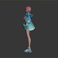 Child With Pink Hair In Stylish Blue Jacket And Short Skirt Outfit