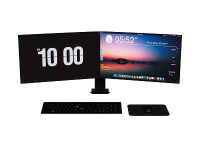 Dual Monitor Computer Setup With Digital Clock Display Keyboard And Mouse 3d model