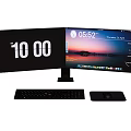 Dual Monitor Computer Setup With Digital Clock Display Keyboard And Mouse