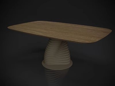Modern Dining Table With Brown Wooden Top And Layered Spiral Base Design 3d model
